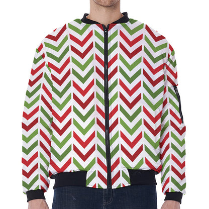 Zigzag Merry Christmas Pattern Print Zip Sleeve Bomber Jacket