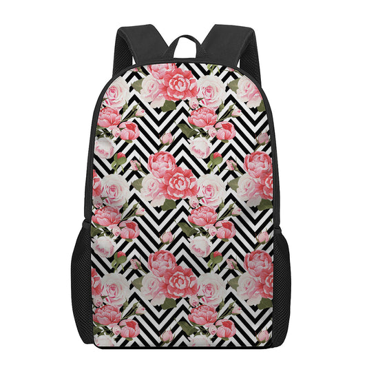Zigzag Peony And Rose Pattern Print 17 Inch Backpack