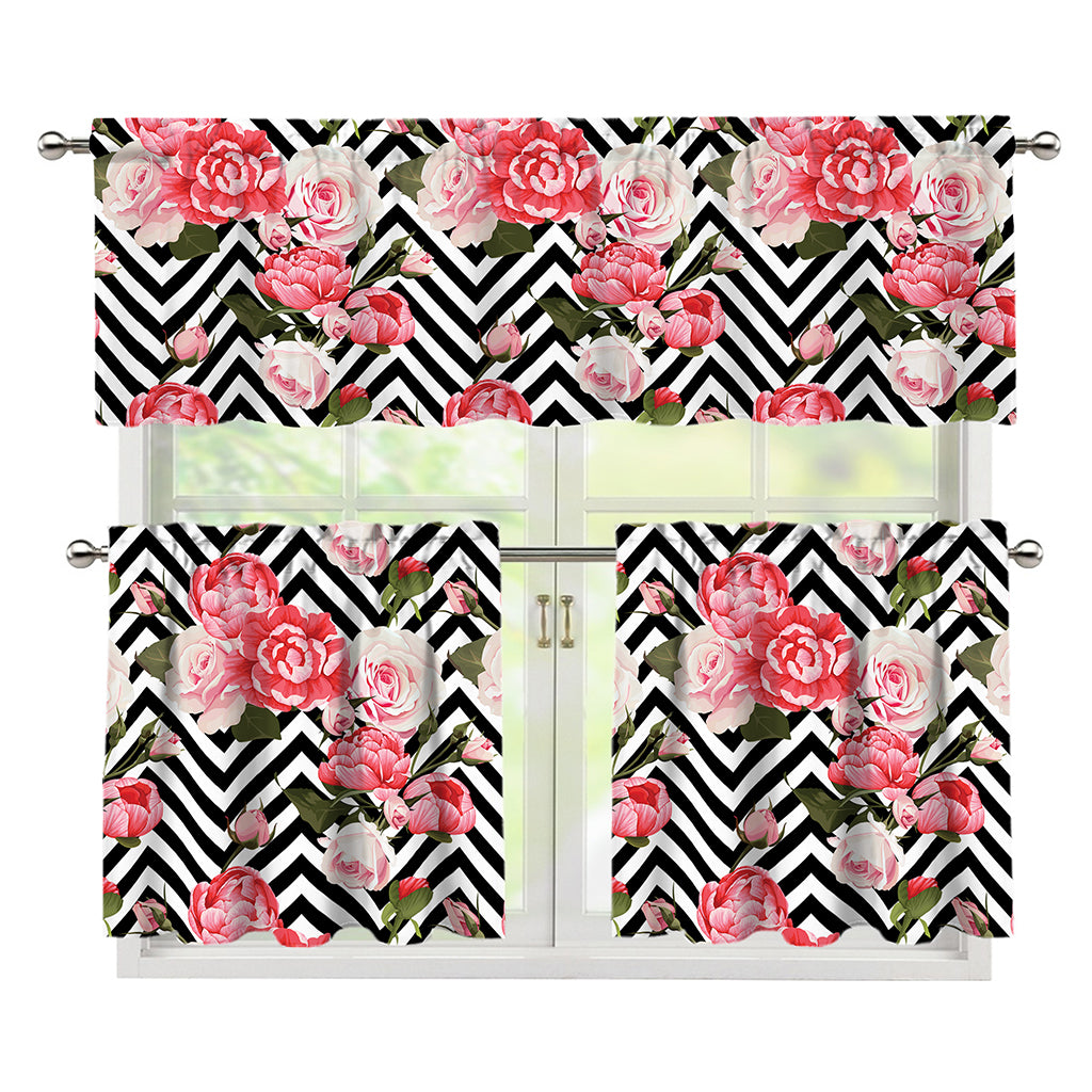 Zigzag Peony And Rose Pattern Print 3 Piece Kitchen Curtains