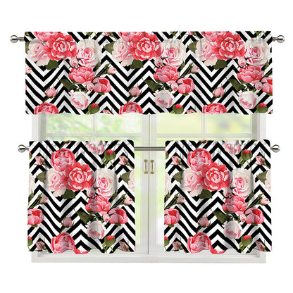 Zigzag Peony And Rose Pattern Print 3 Piece Kitchen Curtains
