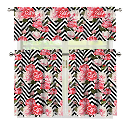 Zigzag Peony And Rose Pattern Print 3 Piece Kitchen Curtains
