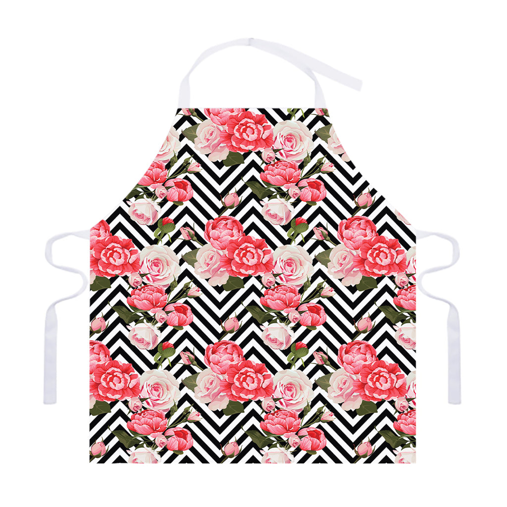 Zigzag Peony And Rose Pattern Print Adjustable Apron