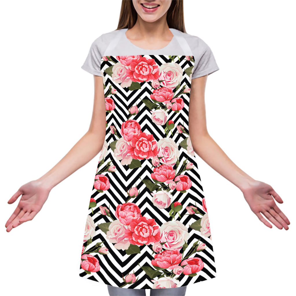 Zigzag Peony And Rose Pattern Print Adjustable Apron
