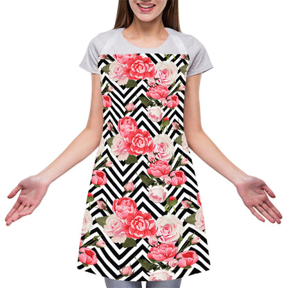 Zigzag Peony And Rose Pattern Print Adjustable Apron