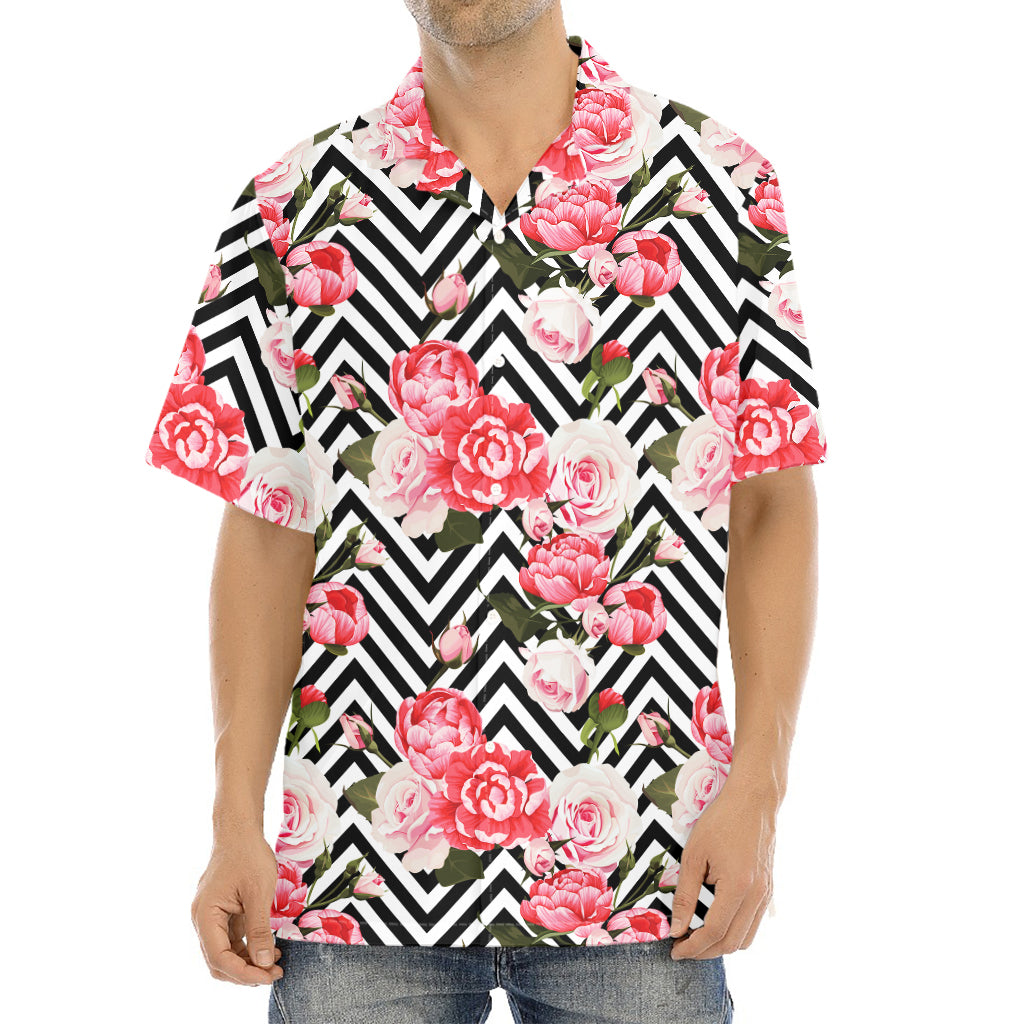 Zigzag Peony And Rose Pattern Print Aloha Shirt