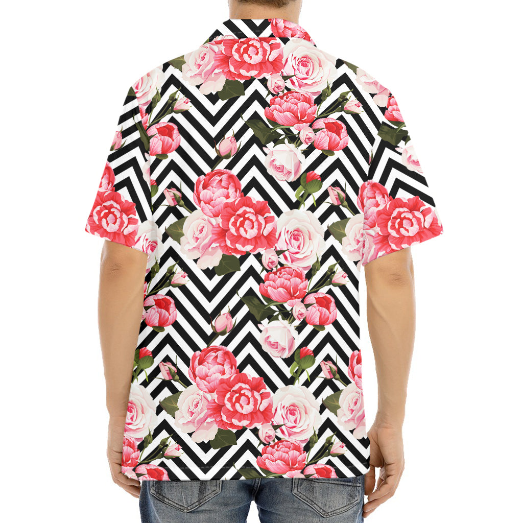 Zigzag Peony And Rose Pattern Print Aloha Shirt