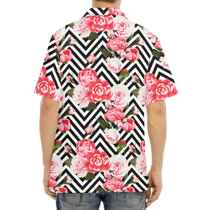 Zigzag Peony And Rose Pattern Print Aloha Shirt