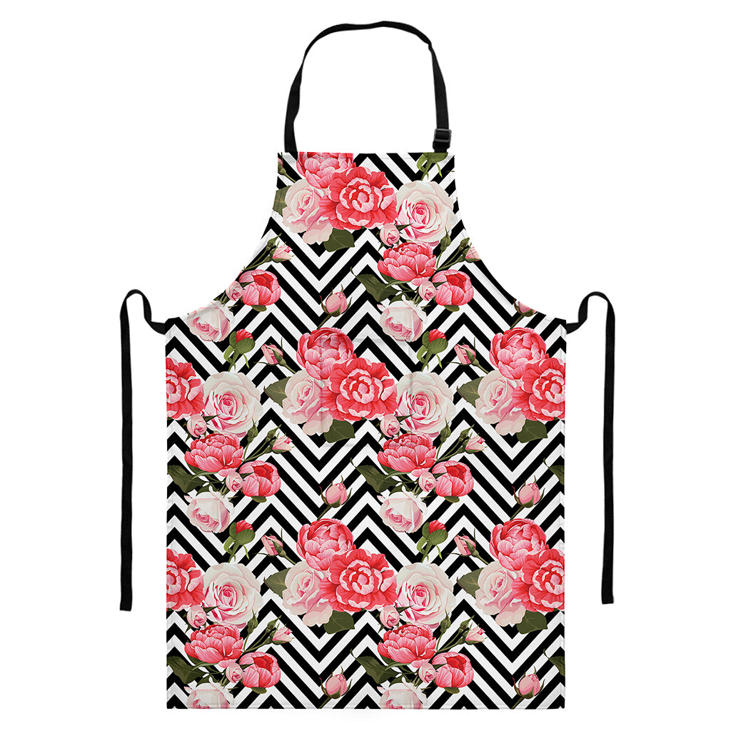 Zigzag Peony And Rose Pattern Print Bib Apron With Pocket