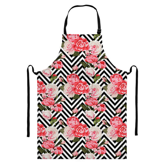 Zigzag Peony And Rose Pattern Print Bib Apron With Pocket