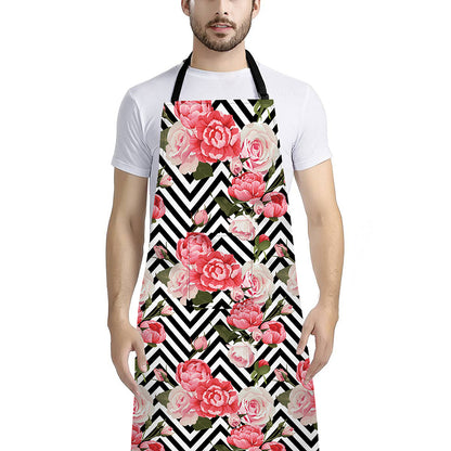 Zigzag Peony And Rose Pattern Print Bib Apron With Pocket