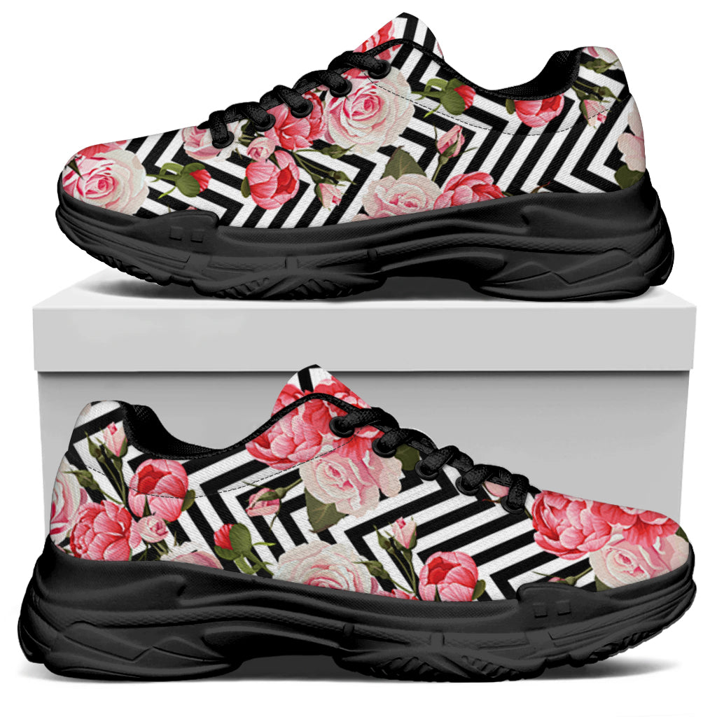 Zigzag Peony And Rose Pattern Print Black Chunky Shoes