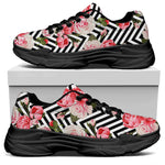 Zigzag Peony And Rose Pattern Print Black Chunky Shoes