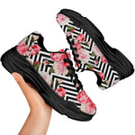 Zigzag Peony And Rose Pattern Print Black Chunky Shoes