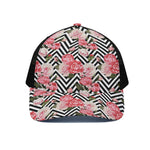 Zigzag Peony And Rose Pattern Print Black Mesh Trucker Cap