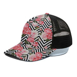 Zigzag Peony And Rose Pattern Print Black Mesh Trucker Cap