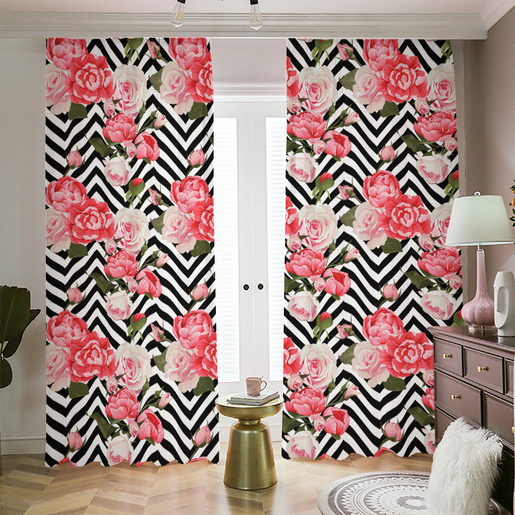 Zigzag Peony And Rose Pattern Print Blackout Pencil Pleat Curtains