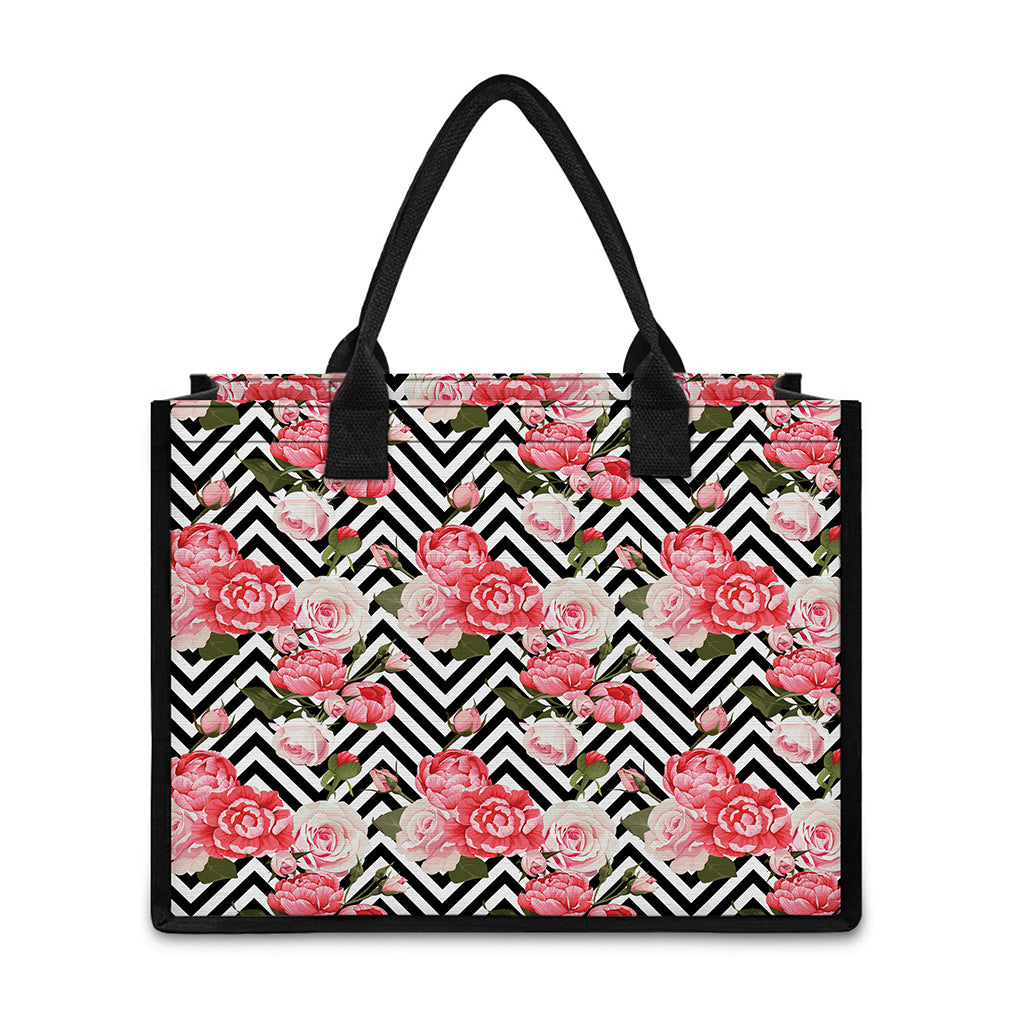 Zigzag Peony And Rose Pattern Print Canvas Tote Bag