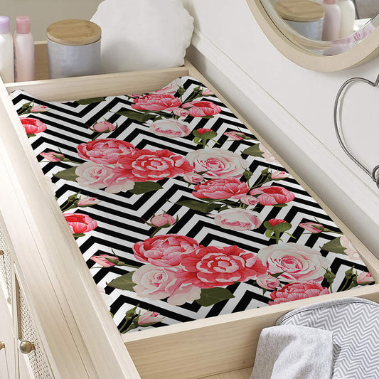 Zigzag Peony And Rose Pattern Print Changing Pad Cover
