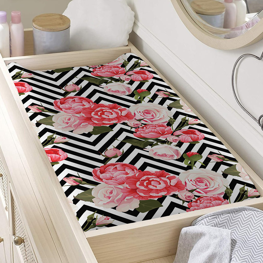 Zigzag Peony And Rose Pattern Print Changing Pad Cover