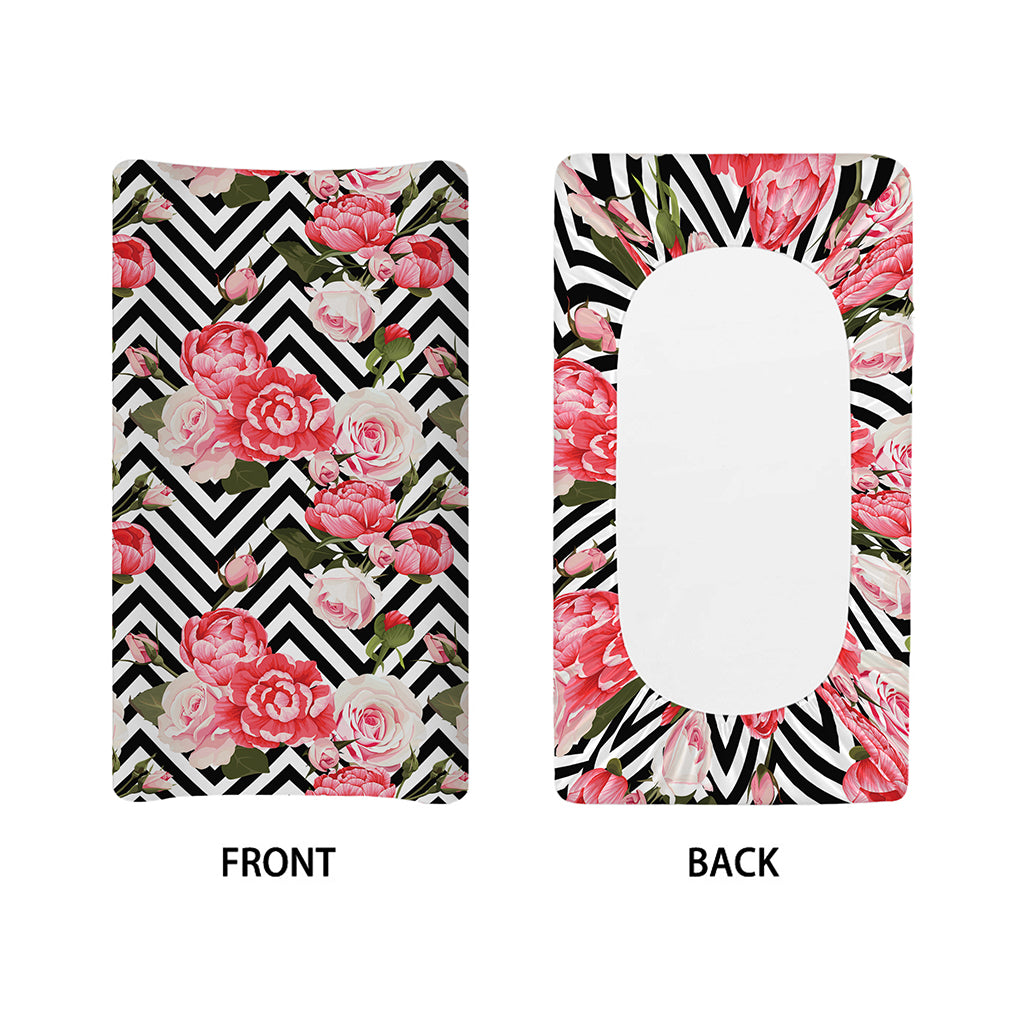 Zigzag Peony And Rose Pattern Print Changing Pad Cover