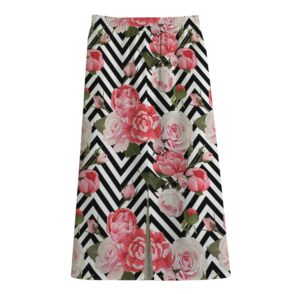 Zigzag Peony And Rose Pattern Print Cotton Front Slit Maxi Skirt