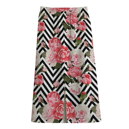 Zigzag Peony And Rose Pattern Print Cotton Front Slit Maxi Skirt