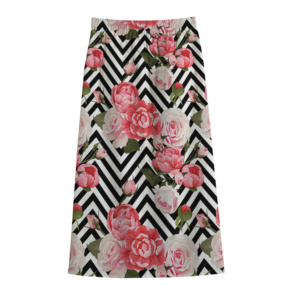Zigzag Peony And Rose Pattern Print Cotton Front Slit Maxi Skirt