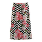 Zigzag Peony And Rose Pattern Print Cotton Front Slit Maxi Skirt
