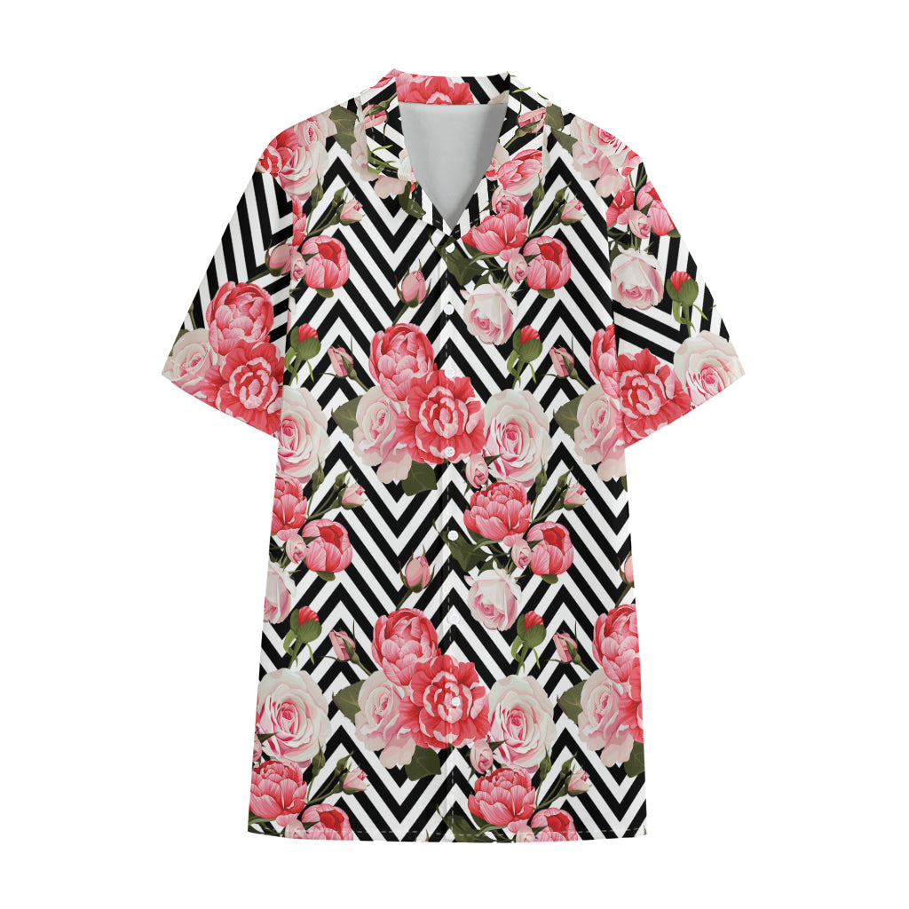 Zigzag Peony And Rose Pattern Print Cotton Hawaiian Shirt