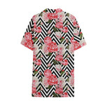 Zigzag Peony And Rose Pattern Print Cotton Hawaiian Shirt