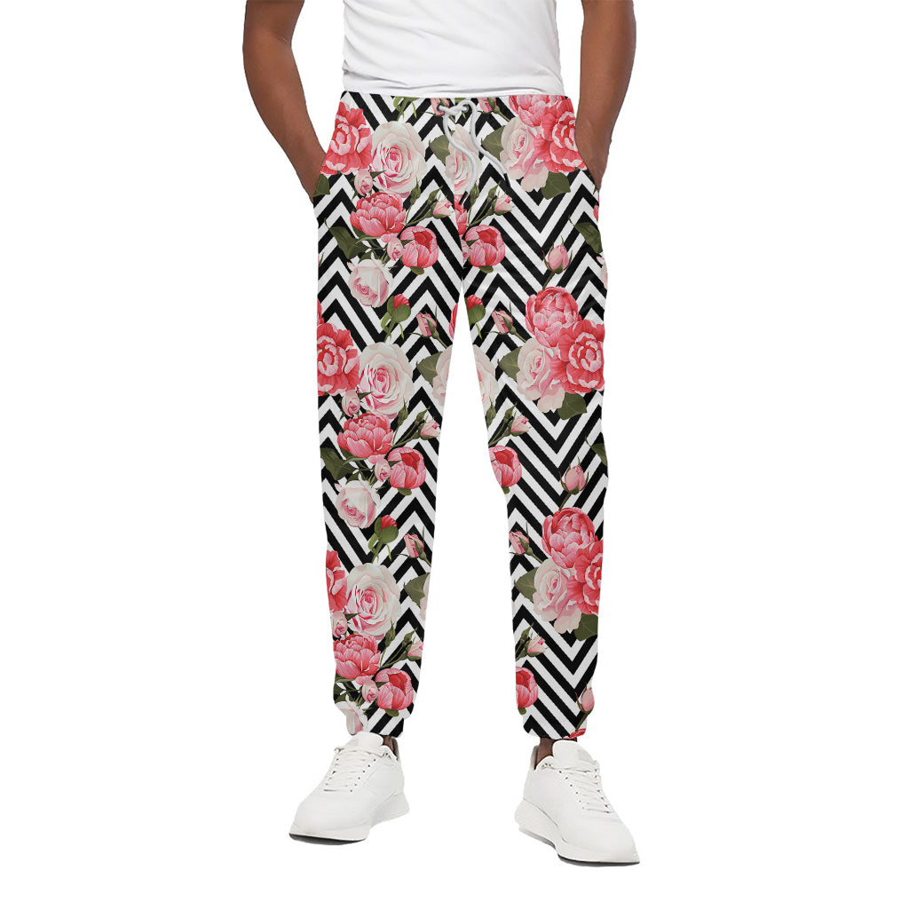 Zigzag Peony And Rose Pattern Print Cotton Pants