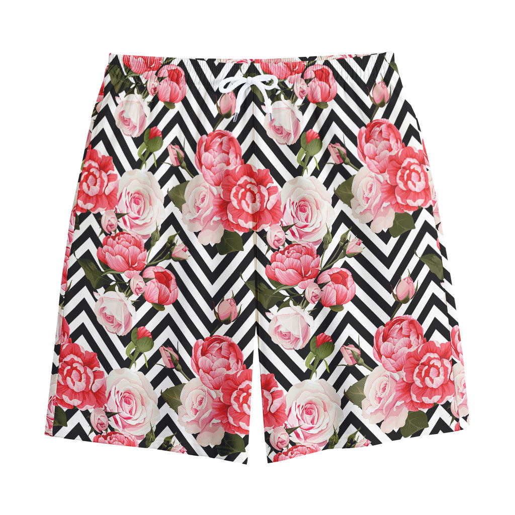 Zigzag Peony And Rose Pattern Print Cotton Shorts