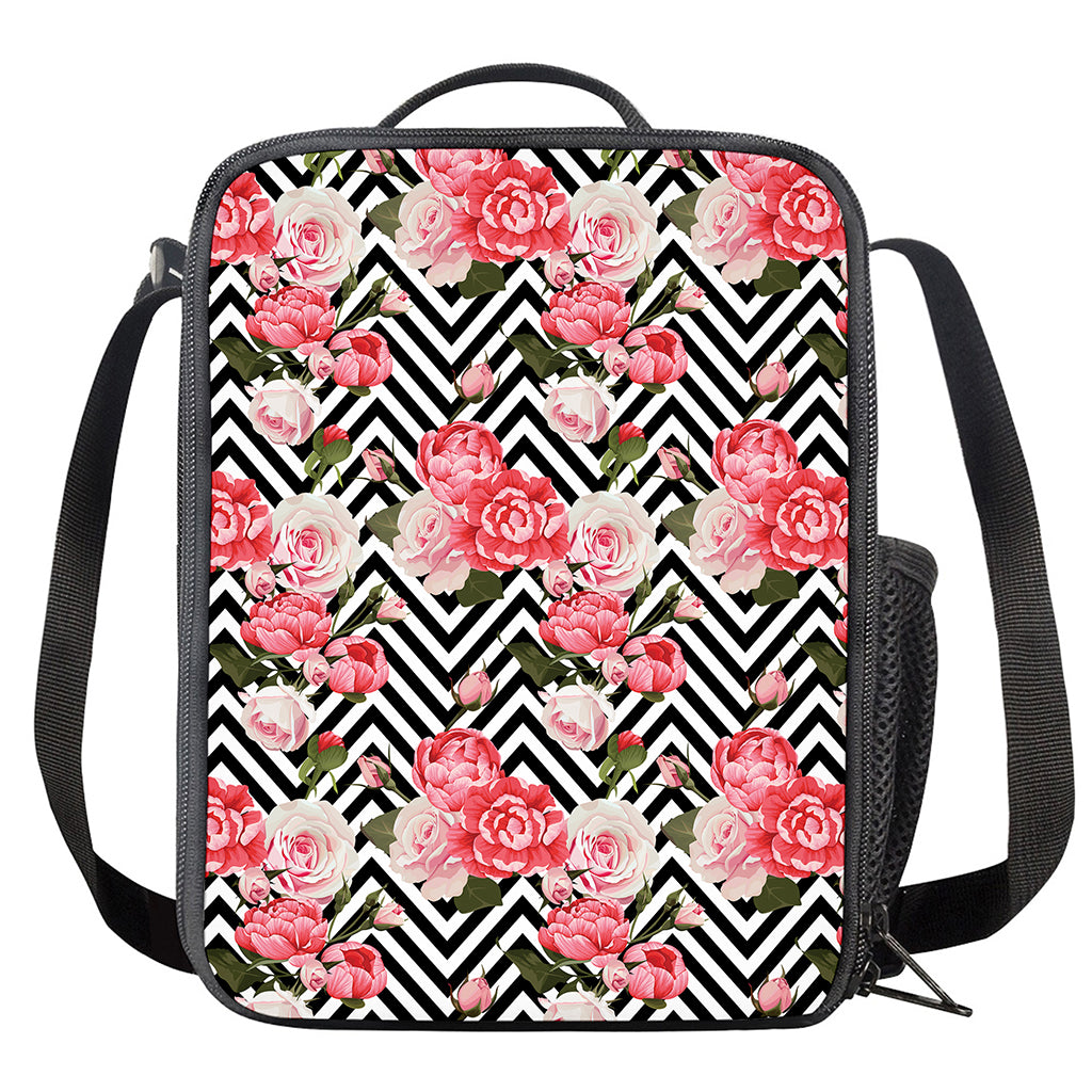 Zigzag Peony And Rose Pattern Print Crossbody Lunch Bag
