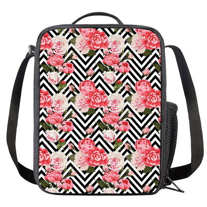 Zigzag Peony And Rose Pattern Print Crossbody Lunch Bag
