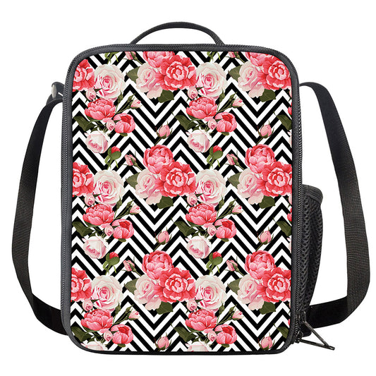 Zigzag Peony And Rose Pattern Print Crossbody Lunch Bag