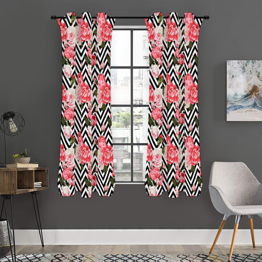 Zigzag Peony And Rose Pattern Print Curtain