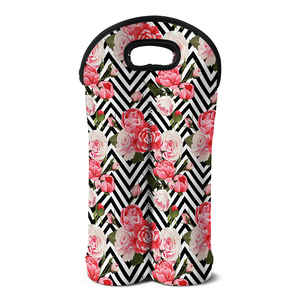 Zigzag Peony And Rose Pattern Print Double Neoprene Wine Tote