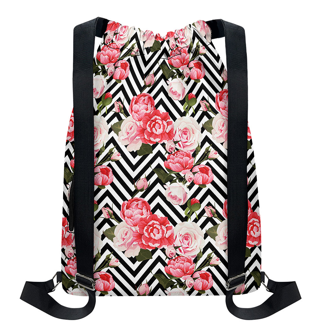 Zigzag Peony And Rose Pattern Print Drawstring Backpack