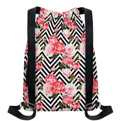 Zigzag Peony And Rose Pattern Print Drawstring Backpack