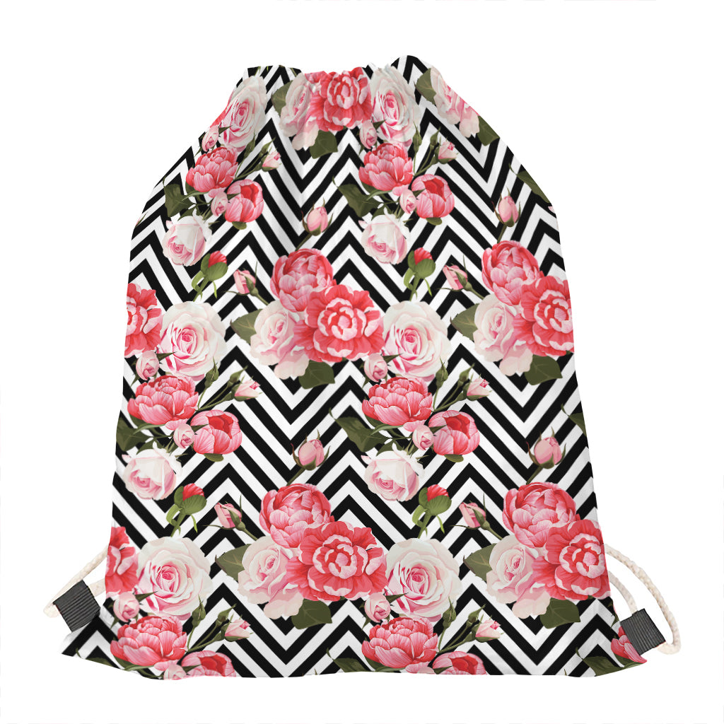 Zigzag Peony And Rose Pattern Print Drawstring Bag