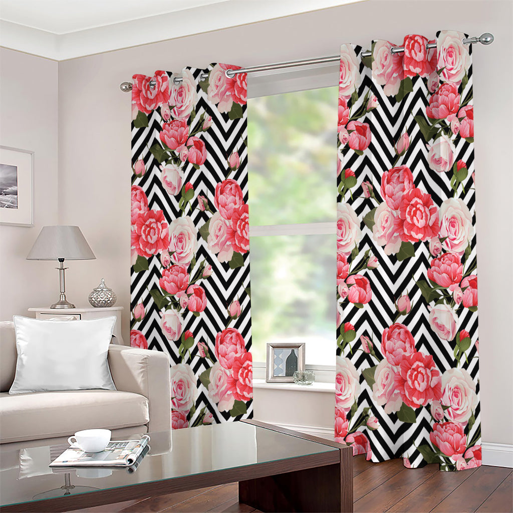 Zigzag Peony And Rose Pattern Print Extra Wide Grommet Curtains