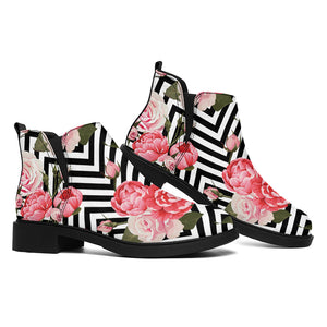 Zigzag Peony And Rose Pattern Print Flat Ankle Boots