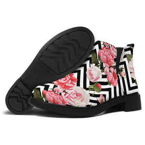 Zigzag Peony And Rose Pattern Print Flat Ankle Boots