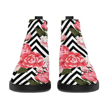 Zigzag Peony And Rose Pattern Print Flat Ankle Boots