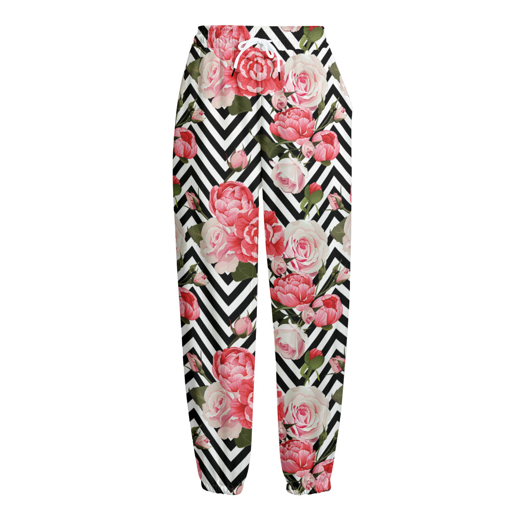 Zigzag Peony And Rose Pattern Print Fleece Lined Knit Pants
