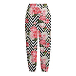 Zigzag Peony And Rose Pattern Print Fleece Lined Knit Pants