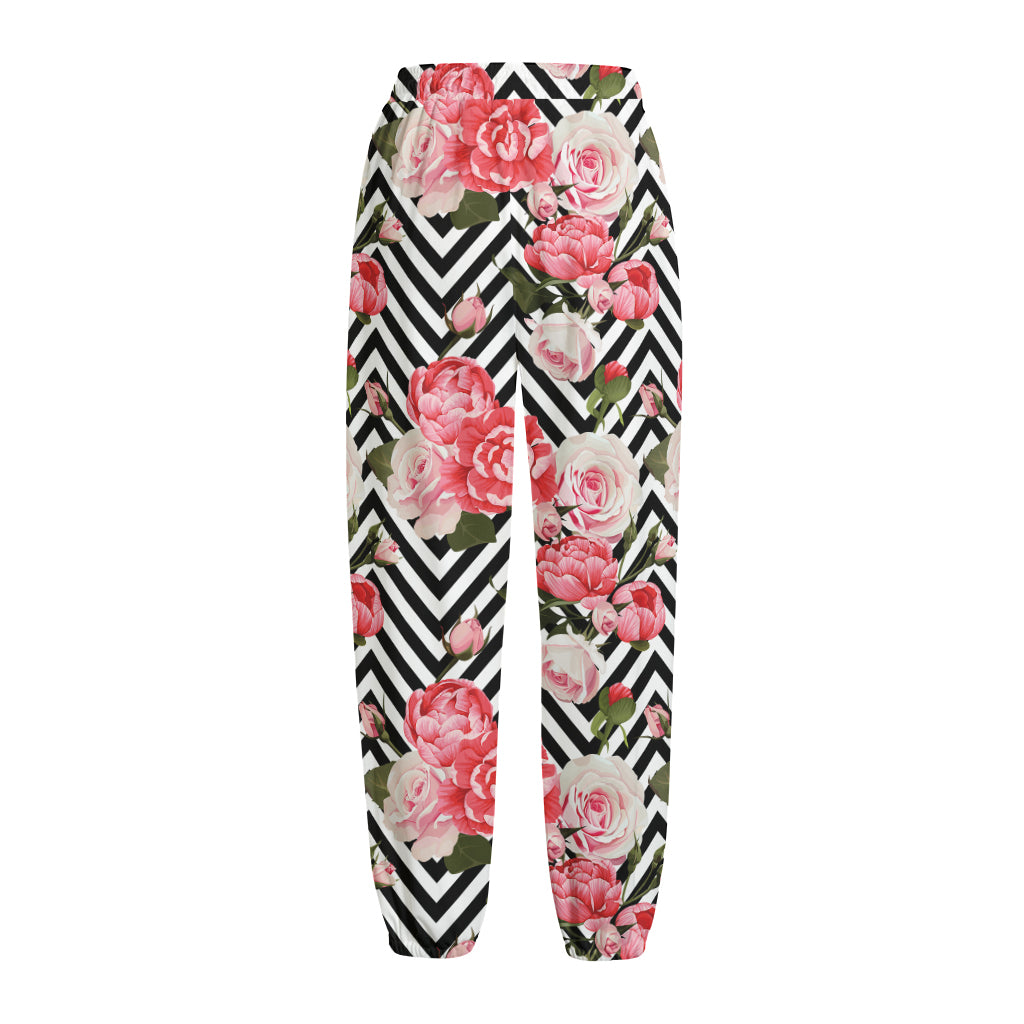 Zigzag Peony And Rose Pattern Print Fleece Lined Knit Pants