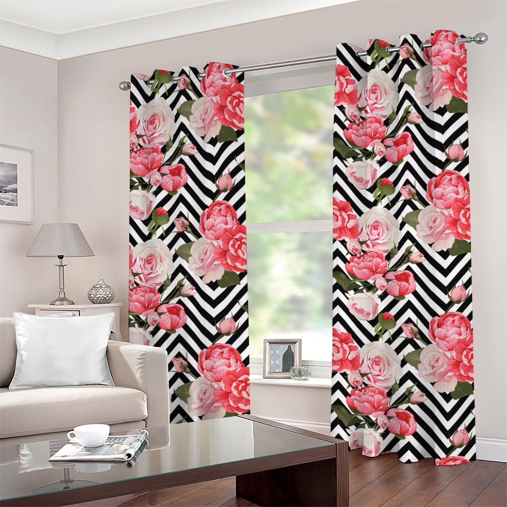 Zigzag Peony And Rose Pattern Print Grommet Curtains