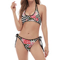 Zigzag Peony And Rose Pattern Print Halter Scoop Tie Side Bikini