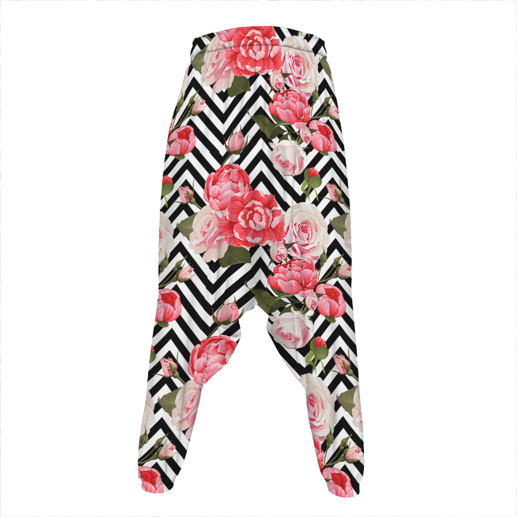 Zigzag Peony And Rose Pattern Print Hammer Pants